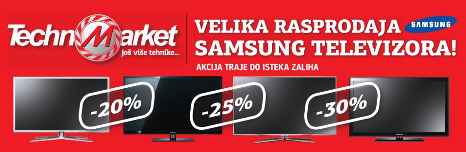 d 11.07.2012. u svim poslovnicama Technomarketa traje rasprodaja više od 60 modela D serije Samsung TV/AV uređaja. Cijene su snižene -20%, -25% i -30%. Požurite u vodeću trgovinu s tehničkom robom - Technomarket. Akcija traje do isteka zaliha.
